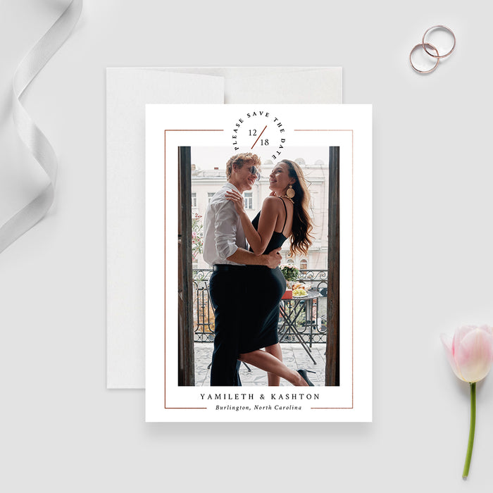 Classic Wedding Save the Date with Photo, Modern Photo Save the Date Cards, Chic Save the Dates, Custom White Save Our Date Card with Copper Border