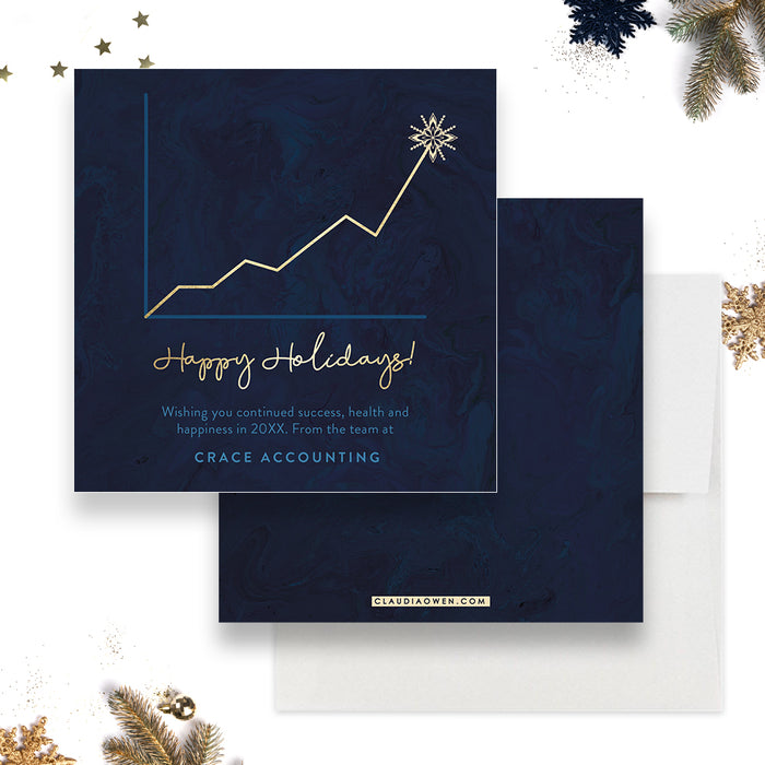 Happy Holidays Greeting Card, Professional Holiday Cards, Company Christmas Cards, Business Greeting Cards for Clients, Blue and Gold Holiday Christmas Card