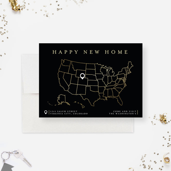 Happy New Home Card, Personalized Moving Announcement, New Address Cards, We Have Moved to a New Location Notice, Our New House Card with US Map Illustration