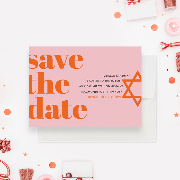 Modern and Minimalist Bat Mitzvah Save the Date, Personalized Save the Date Cards for Bar Mitzvah, Religious Jewish Celebration Save the Dates, Star of David