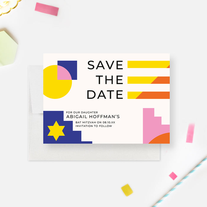Colorful Bat Mitzvah Save the Date, Unique Bar Mitzvah Save the Date Cards, Personalized Jewish Celebration Save the Dates with Geometric Shapes