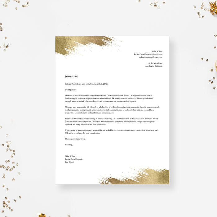 Business Letterhead Template with Gold Paint Strokes, Electronic Professional Letterhead Digital Download for the Office, Simple and Modern Letterhead Design 8.5 x 11 Inches