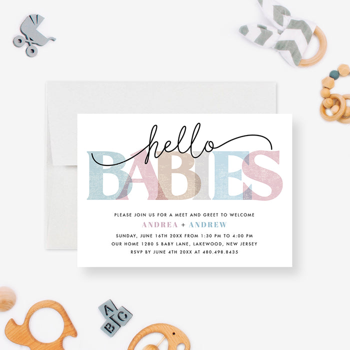 Hello Babies Card, Baby Announcement Invitation, Meet and Greet New Baby Invitations, Twin Baby Boy and Girl Announcements, Personalized Baby Shower Invites