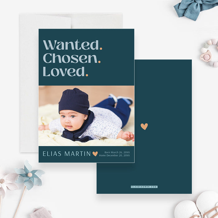 Modern Adoption Announcement Cards with Photo, Baby Boy and Girl Announcement Photo Card, New Child Announcement with Heart Illustration, Wanted Chosen Loved