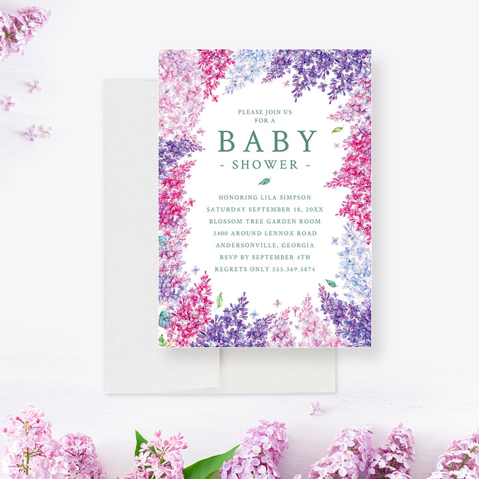 Girl Baby Shower Invitation Editable Template, Lilac Flower Invites, Baby in Bloom Instant Download, Summer Garden Party, Spring Tea Party