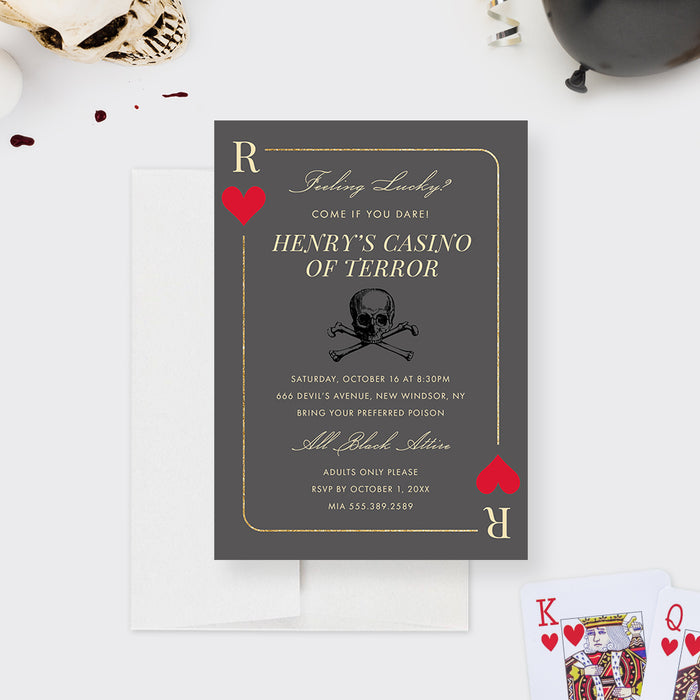 Casino Night Invitation Card, Birthday Invitations for Adults with Skull Playing Card, 21st 30th 40th 50th Poker Birthday Party Invites for Him, Las Vegas Night of Terror