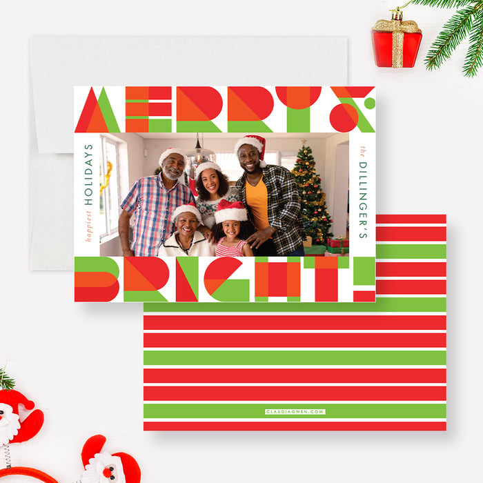 Merry and Bright Holiday Photo Card, Red and Green Christmas Cards with Photo, Family Photo Holiday Greeting Cards, Colorful Christmas Cards with Pictures