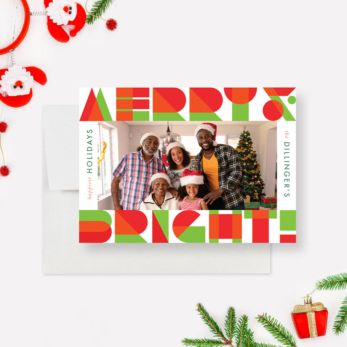 Merry and Bright Holiday Photo Card, Red and Green Christmas Cards with Photo, Family Photo Holiday Greeting Cards, Colorful Christmas Cards with Pictures