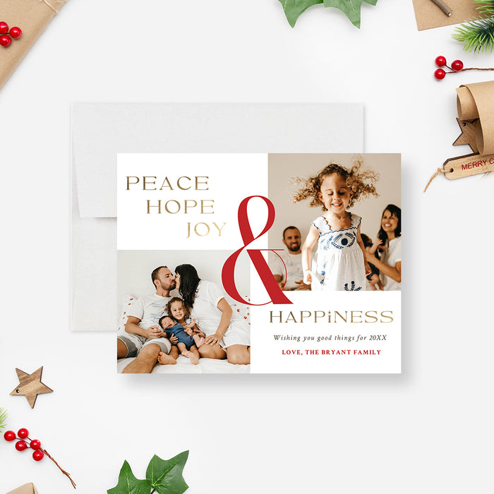 Modern Holiday Photo Cards, Peace Hope Joy Happiness Family Photo Holiday Cards, Red and White Christmas Cards with Pictures, Personalized Season’s Greetings Card