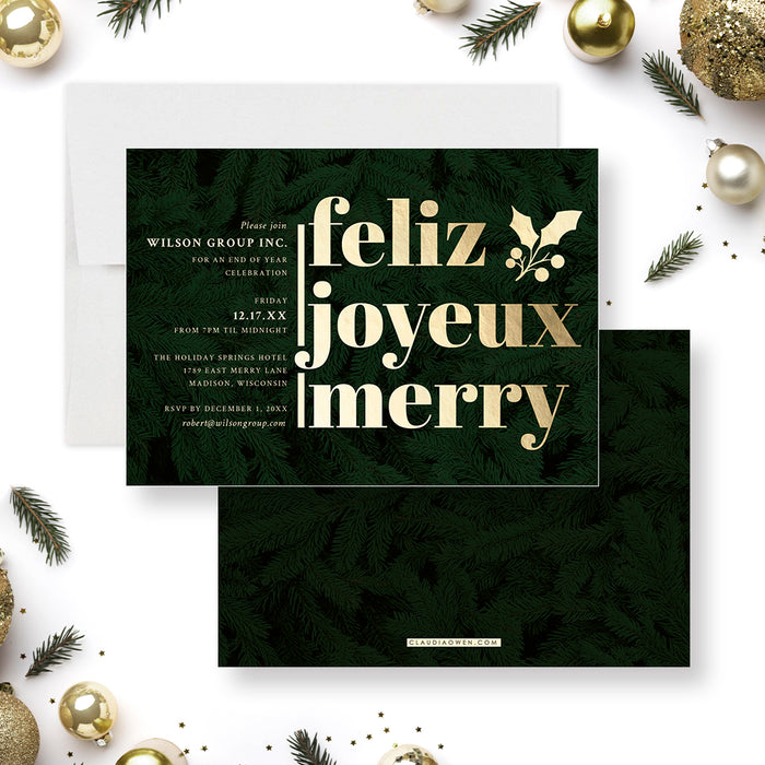 Green and Gold Holiday Invitations, Company Christmas Party Invitations, Feliz Joyeux Merry Business Christmas Party Invites