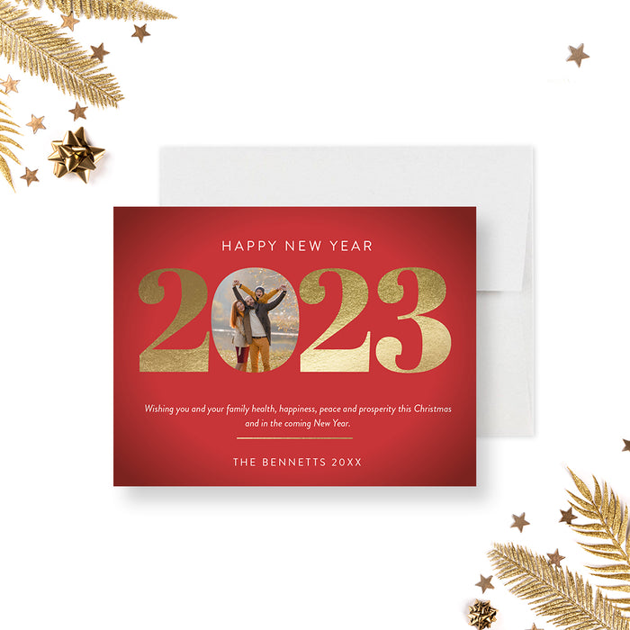 2023 Happy New Year Card with Photo, Red and Gold Holiday Cards with Picture, Modern Christmas Cards with Family Photo, Personalized Unique New Year Photo Cards
