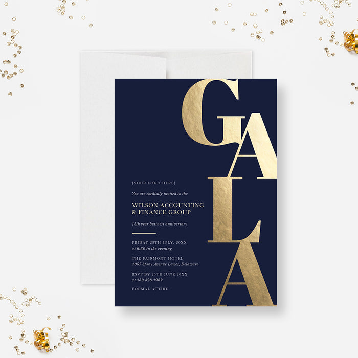 Gala Anniversary Invitation Card, Elegant Annual Gala Night Invites, Navy Blue and Gold Business Anniversary Party Invitations, Modern Company Dinner Invite Cards