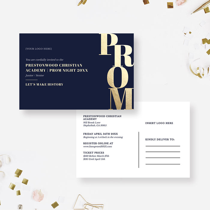 Prom Postcard Template, Formal Postcard 6 x 4 Inches, Prom Night Postcard Template Digital Download, Junior Senior Prom Postcard in Navy Blue and Gold Printable Postcard