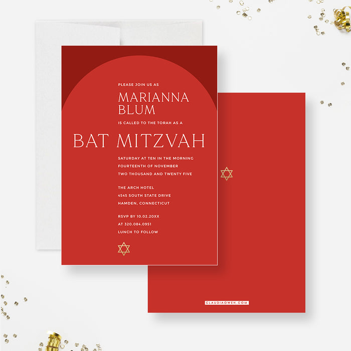 Modern Bat Mitzvah Invitations, Red and Gold Bar Mitzvah Invites with Star of David, Personalized Religious Jewish Celebration Invitation Card with Arch