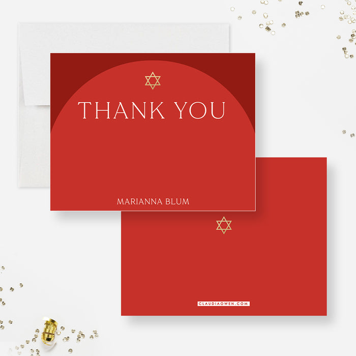 Minimalist Bat Mitzvah Thank You Notes with Gold Star of David, Red Thank You Cards for Bar Mitzvah, Personalized Modern Jewish Stationery with Arch