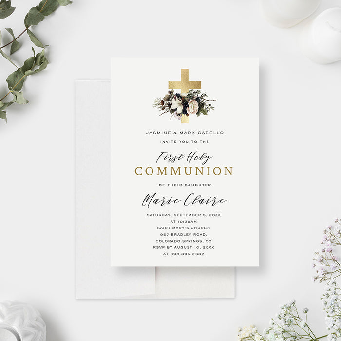 First Holy Communion Invitation Cards, Contemporary Religious Baptism Invitations for Boys and Girls, Personalized Christian Confirmation Invite Card with Gold Cross