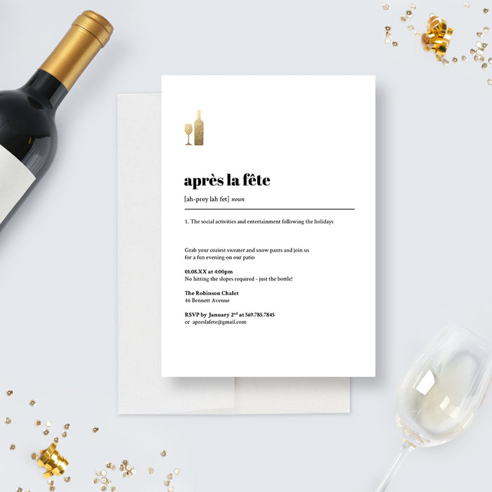 Apres La Fete Invites, After the Holidays Party Invite Cards, Holiday Party Invitation Card, Christmas After Party Celebration in White and Gold