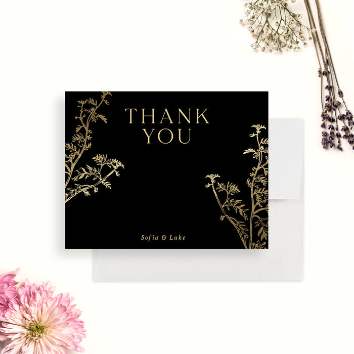 Black and Gold Wedding Thank You Cards with Vintage Illustrated Leaves, Elegant Anniversary Party Thank You Notes, Floral Bridal Shower Thank You Note Cards