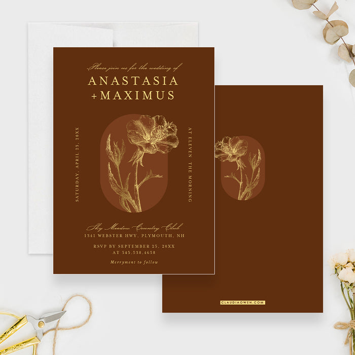Elegant Boho Chic Wedding Invitation Card, Floral Anniversary Party Invites, Fall Engagement Party Invitations, Rehearsal Dinner Invite Cards with Gold Flower
