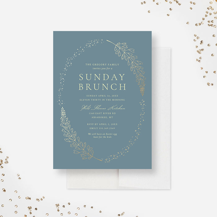 Modern Easter Birthday Invitation Card, Elegant Brunch Invitations with Gold Foliage, Sunday Brunch Invite, Personalized Easter Egg Hunt Party Invite Cards