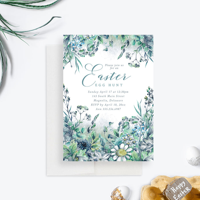Easter Egg Hunt Invitation Card, Floral Easter Invites, Greenery Brunch Party Invitations, Outdoor Easter Egg Scavenger Hunt, Personalized Garden Party Invite Cards