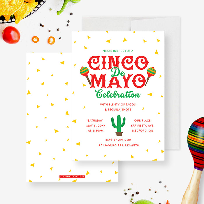 Cinco De Mayo Invitations, Mexican Themed Invites, Mexican Fiesta Party Invite Cards with Maracas, 5 De Mayo Celebration with Cactus Illustration