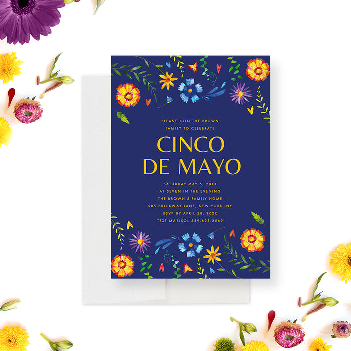 Floral Cinco De Mayo Party Invitations, Mexican Floral Invitations, Unique 5 De Mayo Invites, Colorful Fiesta Invite Card, Personalized Mexican Birthday Party
