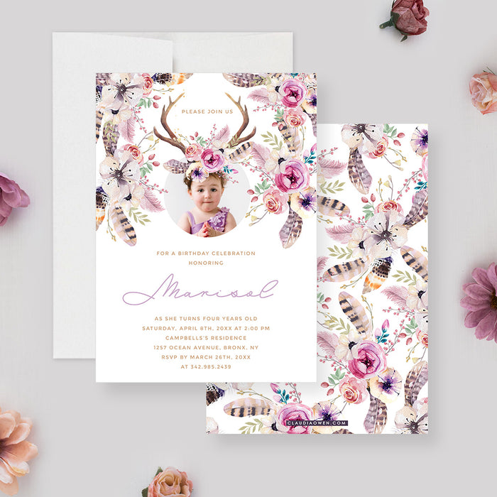 Boho Birthday Invitation Card for Girls with Floral Crown and Antlers, 1st 2nd 3rd 4th 5th 6th Birthday Invite Cards Personalized with Photo