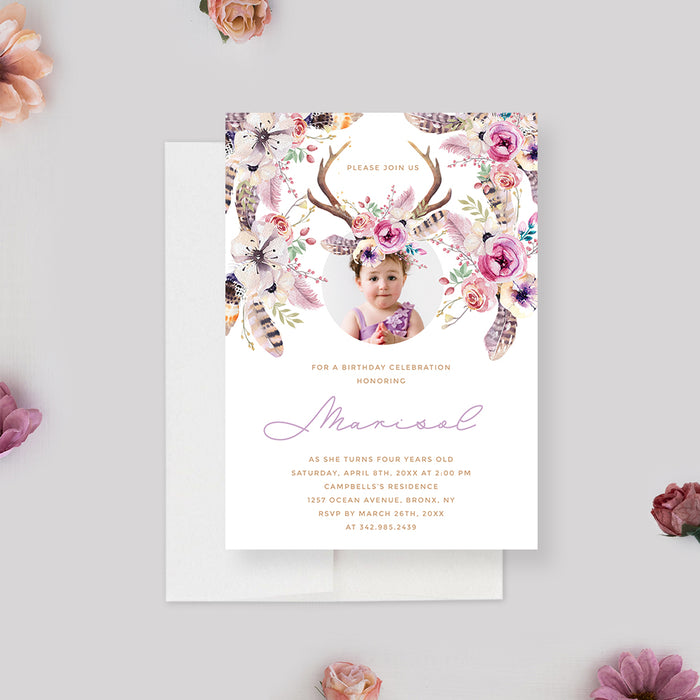 Boho Birthday Invitation Card for Girls with Floral Crown and Antlers, 1st 2nd 3rd 4th 5th 6th Birthday Invite Cards Personalized with Photo
