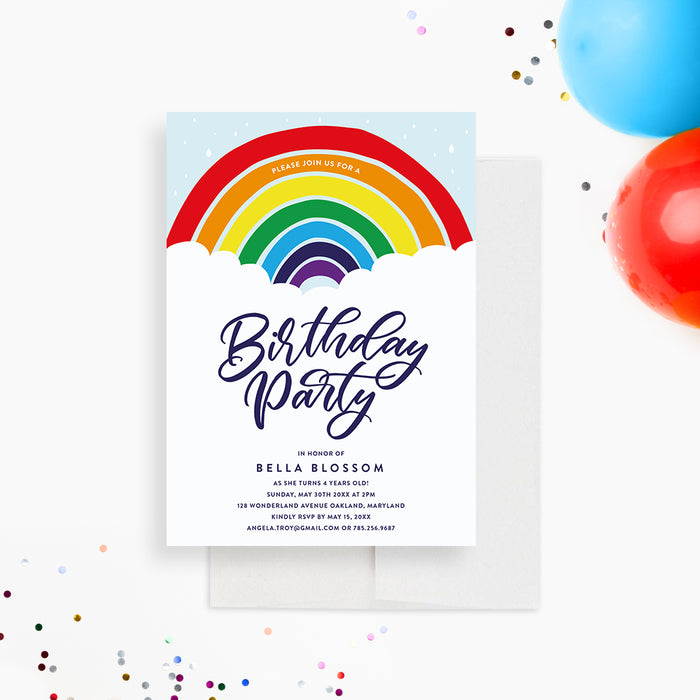 Rainbow Kids Birthday Invitation Card, 4th 5th 6th 7th Birthday Invitations for Girls, Colorful Birthday Party Invites, Personalized Cute Baby Birthday Invite Cards