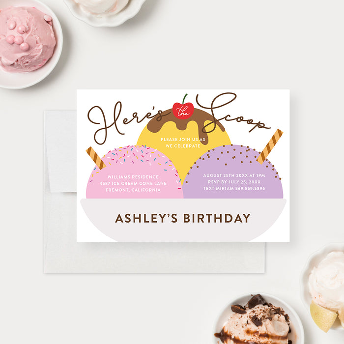 Ice Cream Birthday Party Invitation Card for Kids, Here’s the Scoop Birthday Invitations, 1st 2nd 3rd 4th 5th Birthday Invites, Dessert Party Invite, Sweet One Birthday