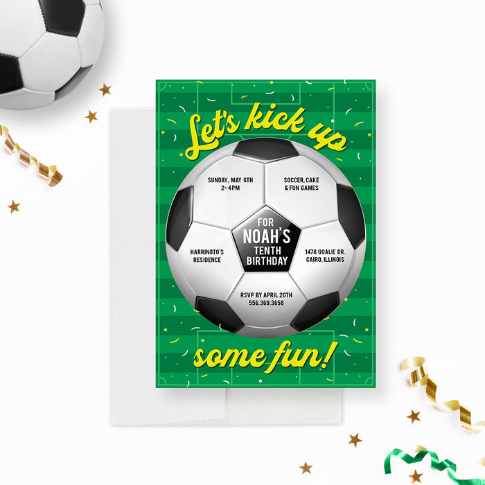 Kids Birthday Soccer Party Invitation Card, Football Birthday Party, 10th 11th 12th 13th Birthday Invites for Boys and Girls, Sport Themed Birthday, Let’s Kick Up Some Fun