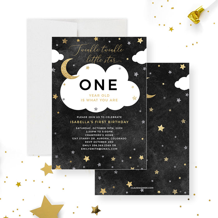 Twinkle Twinkle Little Star First Birthday Invitation Template, Twinkle Baby Shower Invites, Gold Moon and Stars Digital Download