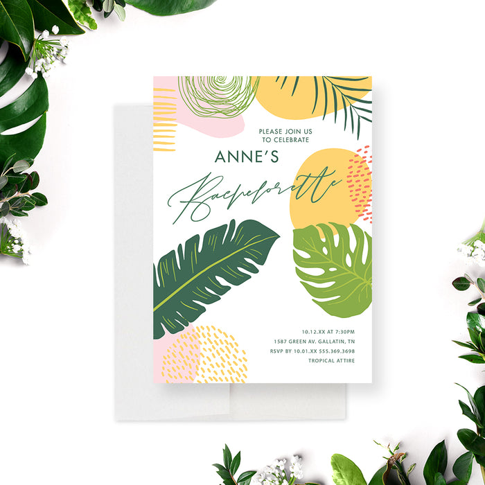 Tropical Bachelorette Party Invitation Card, Beach Bachelorette Invitations, Summer Bachelorette Weekend Party Invites with Monstera Leaves and Ferns