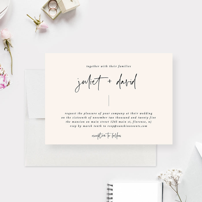 Minimalist Script Font Wedding Invitation Card, Off White Anniversary Party Invites, Cream Colored Engagement Party Invitations, Classic Rehearsal Dinner Cards