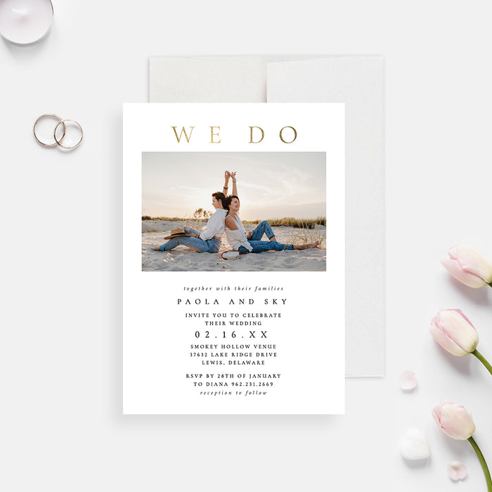 We Do Wedding Invitations with Photo, Modern and Elegant Wedding Invitation, Simple Wedding Anniversary Party Invites, White and Gold Wedding Invites