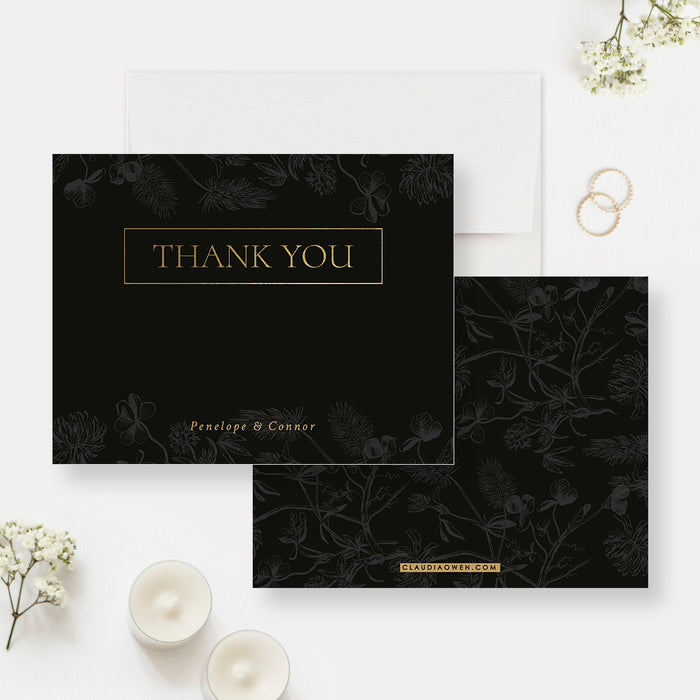 Botanical Wedding Thank You Cards in Black and Gold, Floral Anniversary Party Thank You Notes, Elegant Bridal Shower Thank You Note Card with Vintage Flowers and Leaves