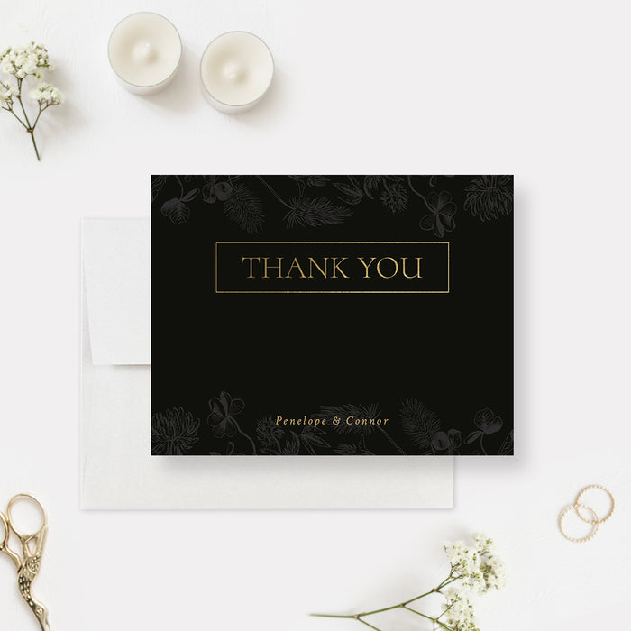 Botanical Wedding Thank You Cards in Black and Gold, Floral Anniversary Party Thank You Notes, Elegant Bridal Shower Thank You Note Card with Vintage Flowers and Leaves