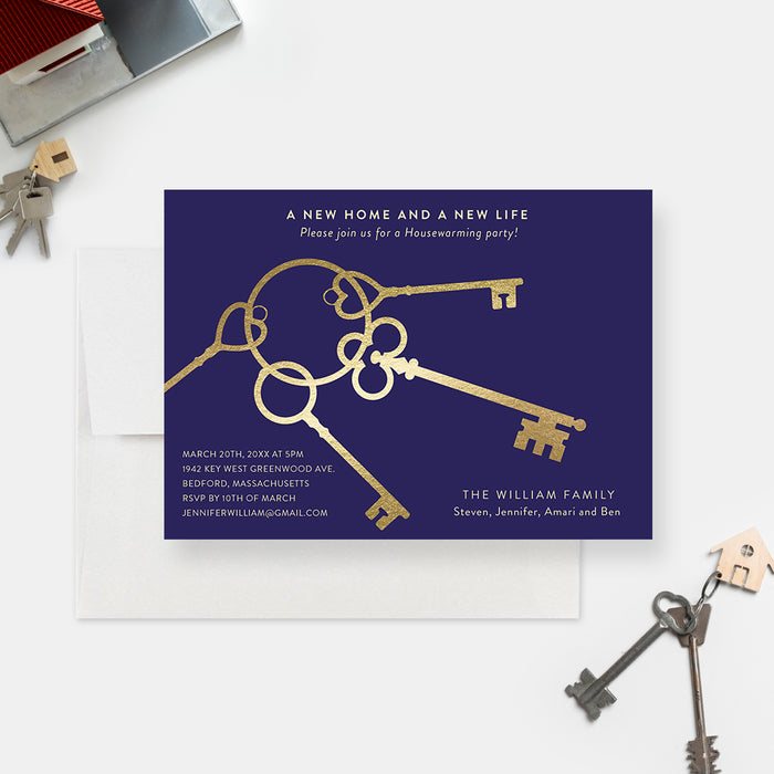 Housewarming Party Invitation with Gold Antique Keys, Blue and Gold New Home Invite Card, We Have Moved Party Invites, Elegant Moving Announcement Cards