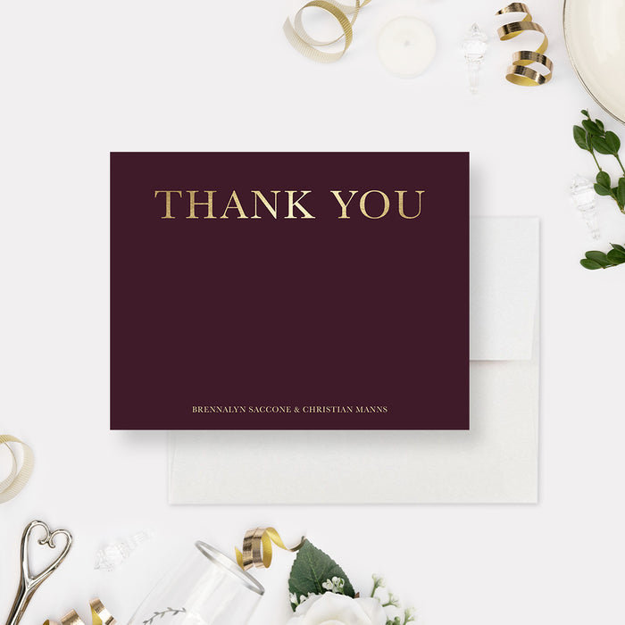 Elegant Modern Wedding Thank You Card with Gold Typography, Burgundy Thank You Notes, Maroon Anniversary Party Thank You Note Cards, Professional Thank You Cards