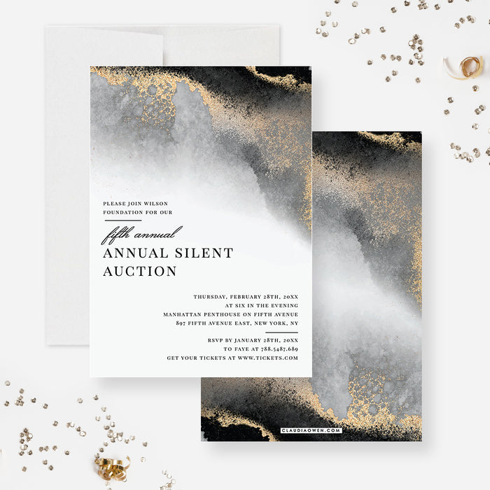 Silent Auction Invitation Card, Elegant Annual Gala Invite Cards, Modern Fundraiser Party Invitations, Personalized Corporate Event Invites in Black White Gold