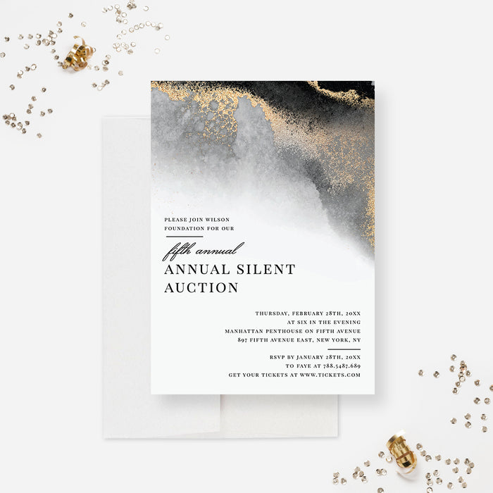 Silent Auction Invitation Card, Elegant Annual Gala Invite Cards, Modern Fundraiser Party Invitations, Personalized Corporate Event Invites in Black White Gold