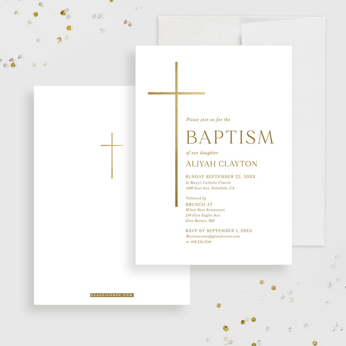 White and Gold Baptism Invitations, Modern Christening Invitation Card for Boys and Girls, Minimalist Catholic Baptism Invites with Holy Cross