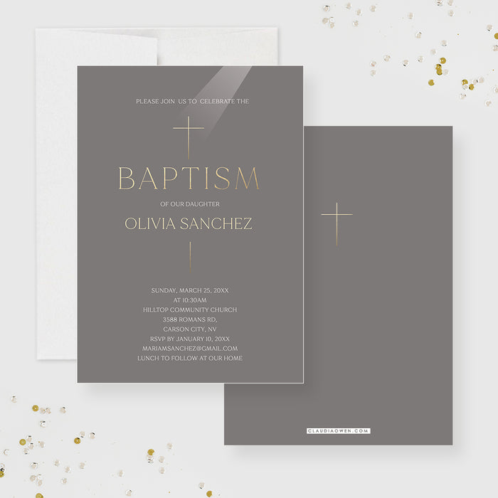 Elegant Baptism Invitations with Gold Cross, Modern Christening Invitation Card for Boy and Girl, Catholic Baptism Invites, LDS Baptism Invite Cards in Gray and Gold