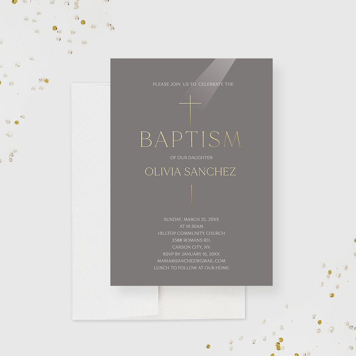 Elegant Baptism Invitations with Gold Cross, Modern Christening Invitation Card for Boy and Girl, Catholic Baptism Invites, LDS Baptism Invite Cards in Gray and Gold
