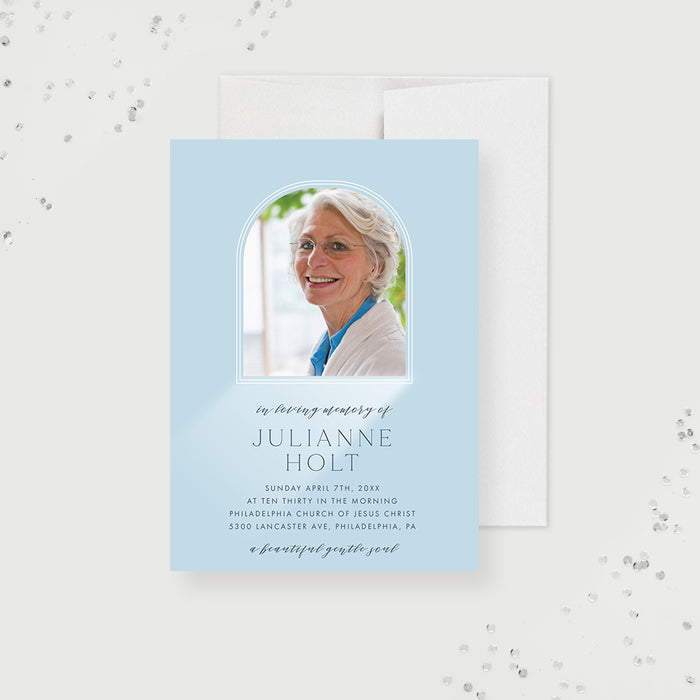 Personalized Celebration of Life Invitations with Photo, Modern Blue Memorial Service Invitation Card, Unique Funeral Ceremony Invites with Arched Window Frame
