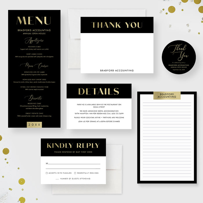 Modern Business Open House Invitation Card, Black and Gold Annual Corporate Event Invitations, Elegant Company Party Invite Cards with Unique Typography