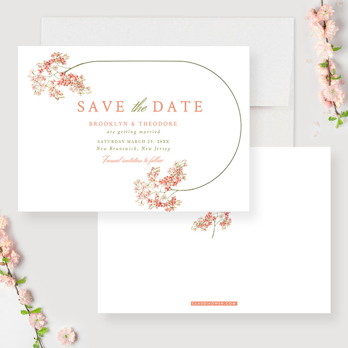 Floral Wedding Save the Date with Half Border, Botanical Garden Birthday Save the Date, Spring Save the Dates, White Save Our Date Cards with Pink Flowers