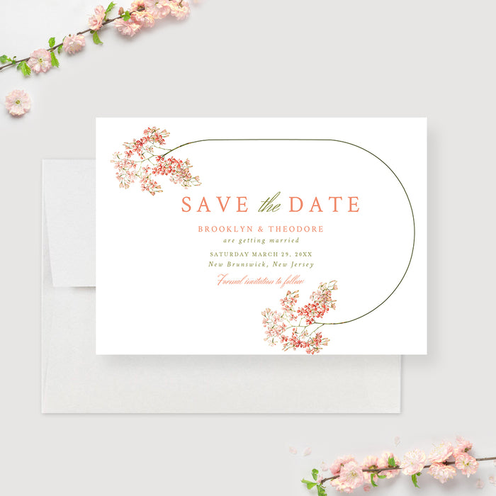 Floral Wedding Save the Date with Half Border, Botanical Garden Birthday Save the Date, Spring Save the Dates, White Save Our Date Cards with Pink Flowers