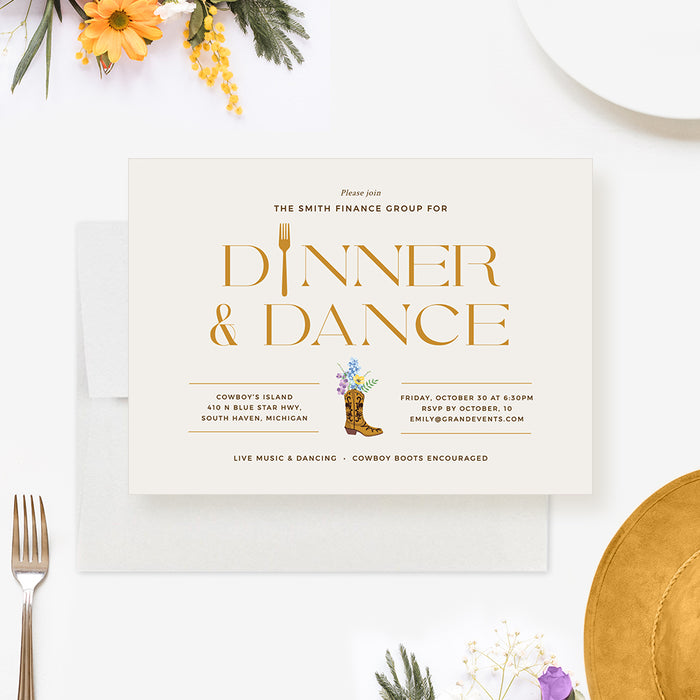 Western Dinner and Dance Invitation Template, Country Style Birthday Dinner Invites with Cowgirl Boot and Flowers, Western Themed Party, Business Event Digital Download Invites